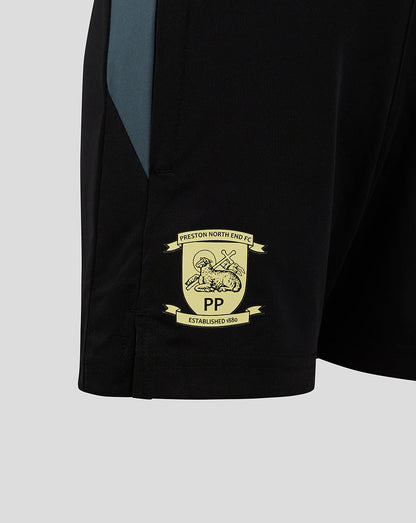 Beige Preston North End crest patch on black junior training shorts