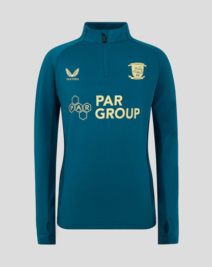 Blue Preston NE quarter zip training top with funnel neck crest on the chest and Castore logo