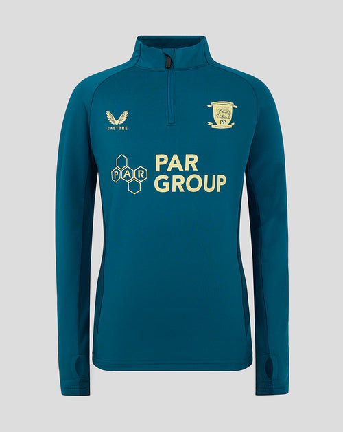 Blue Preston NE quarter zip training top with funnel neck crest on the chest and Castore logo