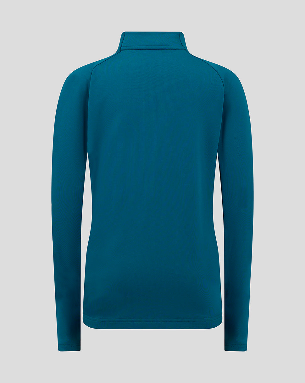 Back view of blue junior Preston NE quarter zip training top with funnel neck and long sleeves