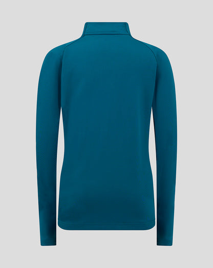 Back view of blue junior Preston NE quarter zip training top with funnel neck and long sleeves