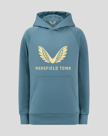 Light blue Mansfield Town travel hoody with large cream wing emblem and Mansfield Town text on the chest