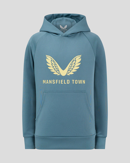 Light blue Mansfield Town travel hoody with large cream wing emblem and Mansfield Town text on the chest