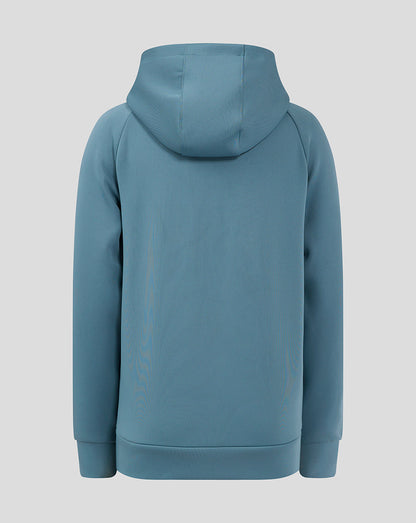 Back view of the light blue Mansfield Junior Travel Hoody with hood up and clean hem.
