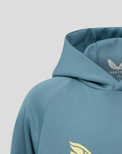 Detail of the hood and neckline on the light blue Mansfield Junior Travel Hoody showing interior label and wing logo.