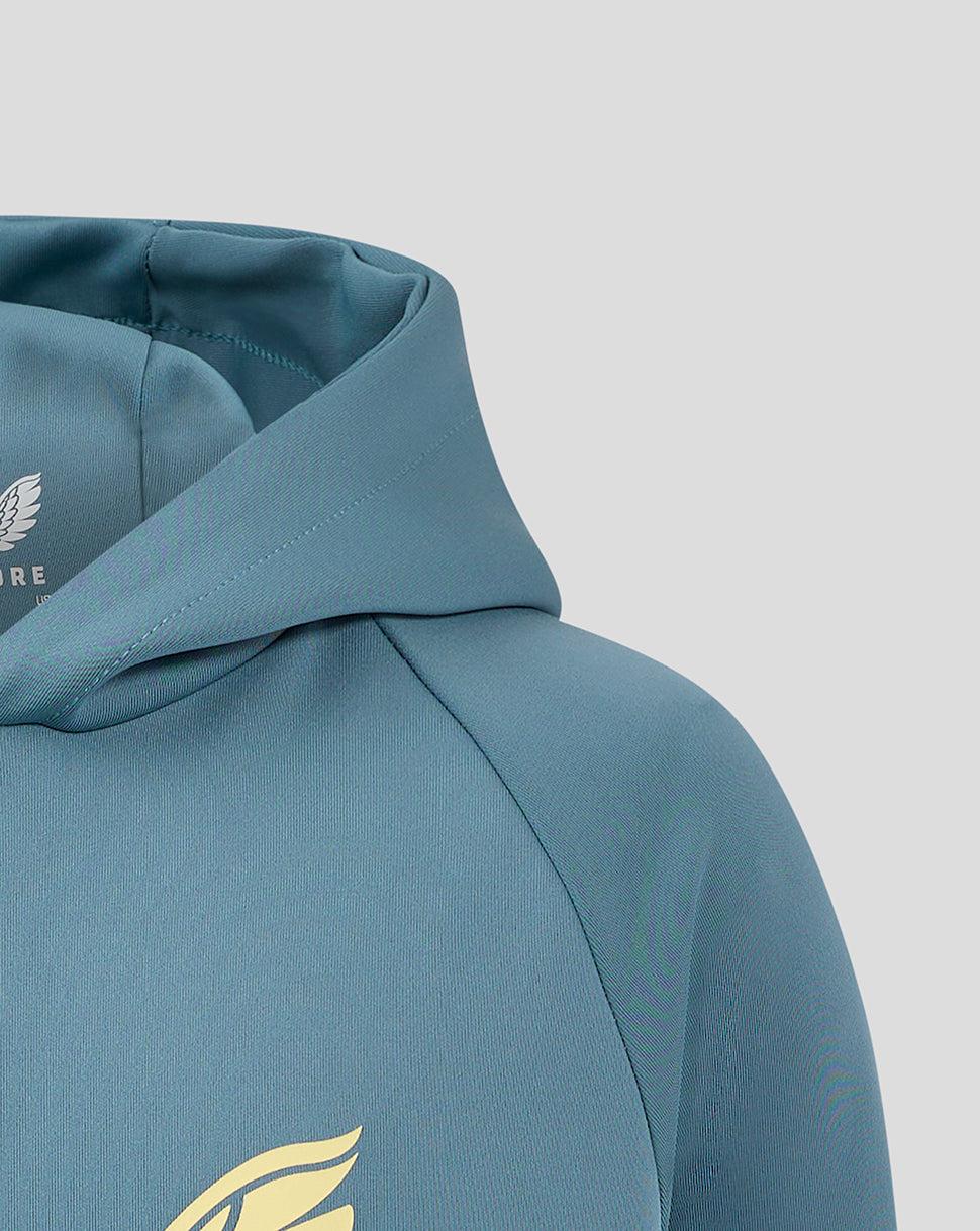 Close up of light blue Mansfield Junior Travel Hoody highlighting hood and chest logo.