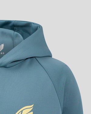 Close up of light blue Mansfield Junior Travel Hoody highlighting hood and chest logo.
