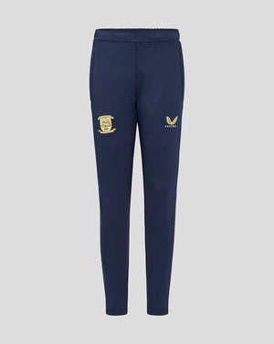 Back view of navy junior Preston North End training pants with pockets and crest on the left thigh and Castore logo on the right thigh