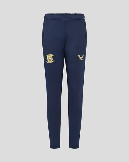 Back view of navy junior Preston North End training pants with pockets and crest on the left thigh and Castore logo on the right thigh
