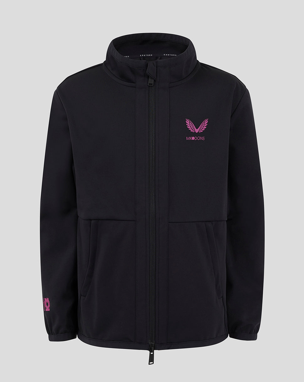 Front view of Mk Dons Junior 24/25 Travel Jacket with a pink wing logo on the chest and full length zip