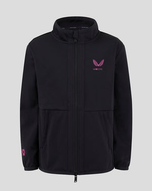 Front view of Mk Dons Junior 24/25 Travel Jacket with a pink wing logo on the chest and full length zip