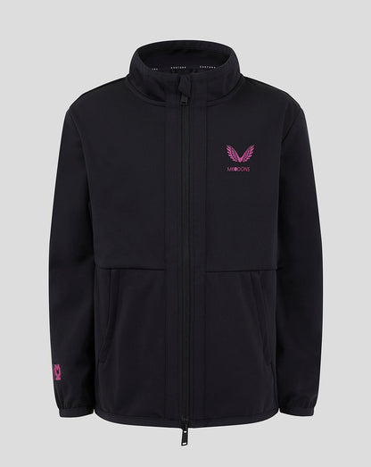 Front view of Mk Dons Junior 24/25 Travel Jacket with a pink wing logo on the chest and full length zip