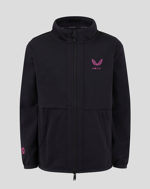 Front view of Mk Dons Junior 24/25 Travel Jacket with a pink wing logo on the chest and full length zip