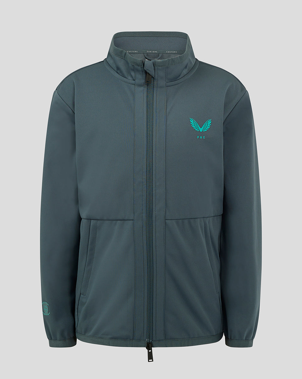 Front view of teal Junior Preston NE Long Sleeve Softshell Travel Jacket with zip closure and left chest crest.