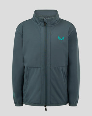 Front view of teal Junior Preston NE Long Sleeve Softshell Travel Jacket with zip closure and left chest crest.