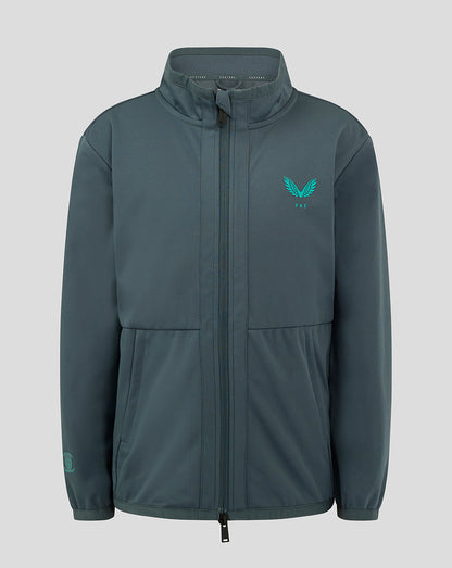 Front view of teal Junior Preston NE Long Sleeve Softshell Travel Jacket with zip closure and left chest crest.