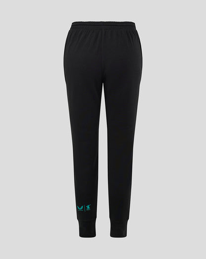 Back view of black Mansfield Town junior travel pants with teal logo at the ankle