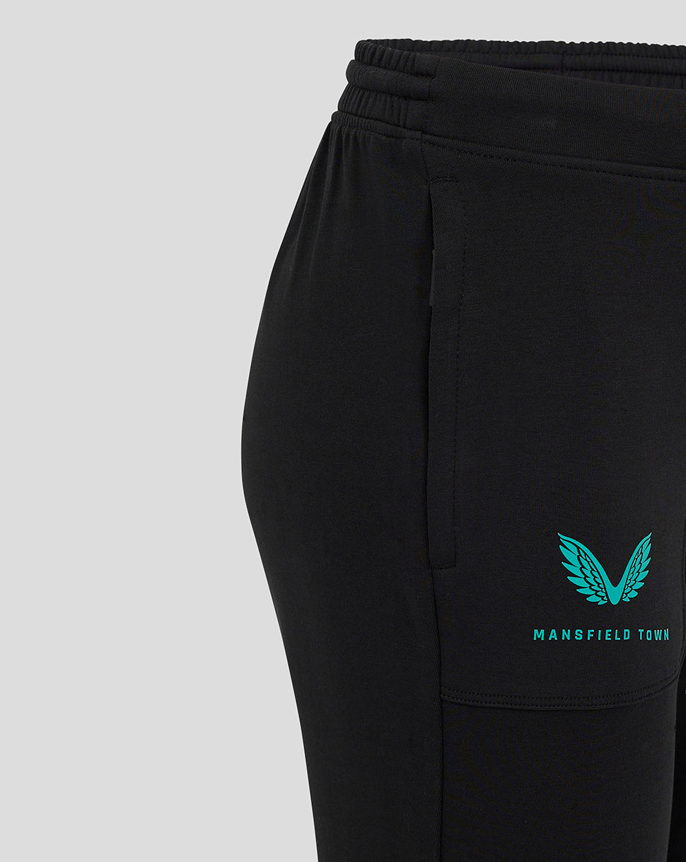 Black Mansfield Town junior travel pants with teal wing logo on the hip