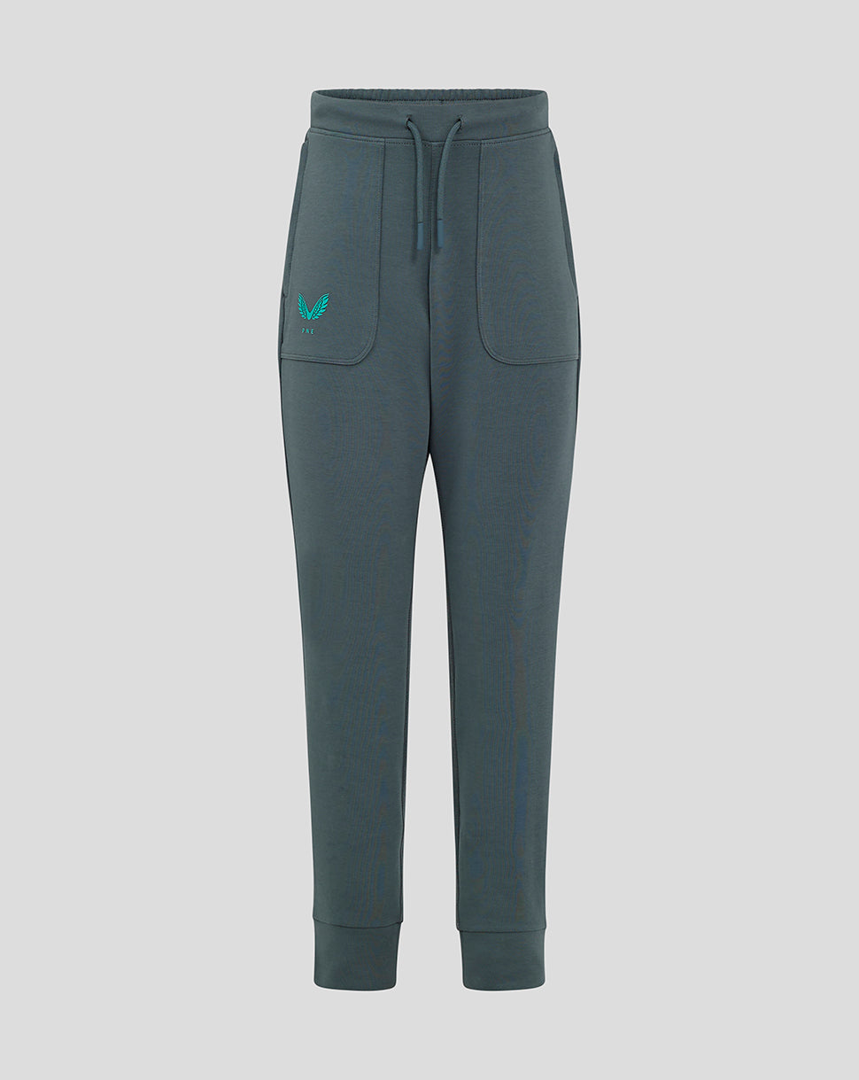 Front view of teal Preston NE Travel Pants for juniors with external drawcords and side zip pockets.