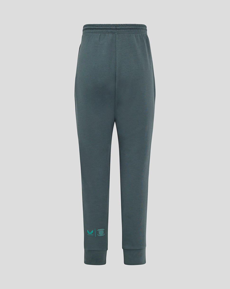 Back view of teal Preston NE Travel Pants for juniors with ribbed cuffs and turquoise logo marks at the ankle.