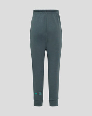 Back view of teal Preston NE Travel Pants for juniors with ribbed cuffs and turquoise logo marks at the ankle.