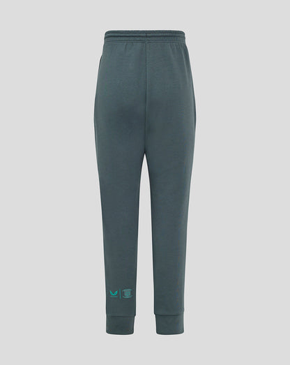 Back view of teal Preston NE Travel Pants for juniors with ribbed cuffs and turquoise logo marks at the ankle.