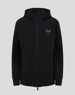 Front view of black Mk Dons junior hooded travel jacket with a pink crest logo on the chest and full zip