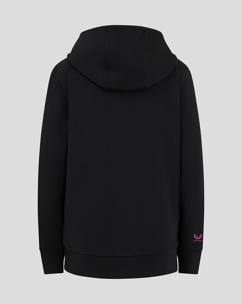 Back view of black Mk Dons junior hooded travel jacket with a pink logo at the sleeve cuff