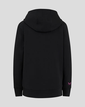 Back view of black Mk Dons junior hooded travel jacket with a pink logo at the sleeve cuff