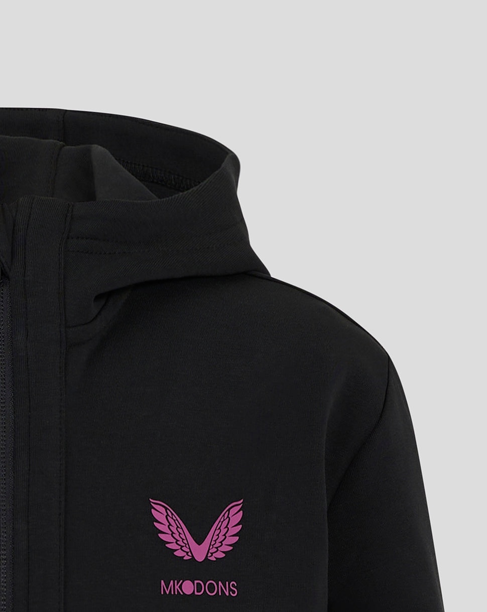 Close up of black Mk Dons Junior 24/25 hooded travel jacket with pink wing logo on chest