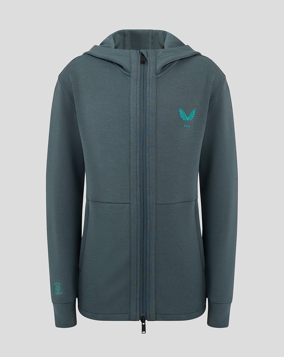 Front view of Preston Junior 24/25 Hooded Travel Jacket in teal with left chest logo and full zip.