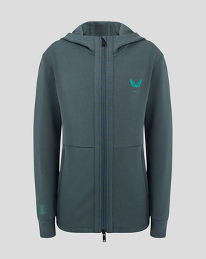 Front view of Preston Junior 24/25 Hooded Travel Jacket in teal with left chest logo and full zip.