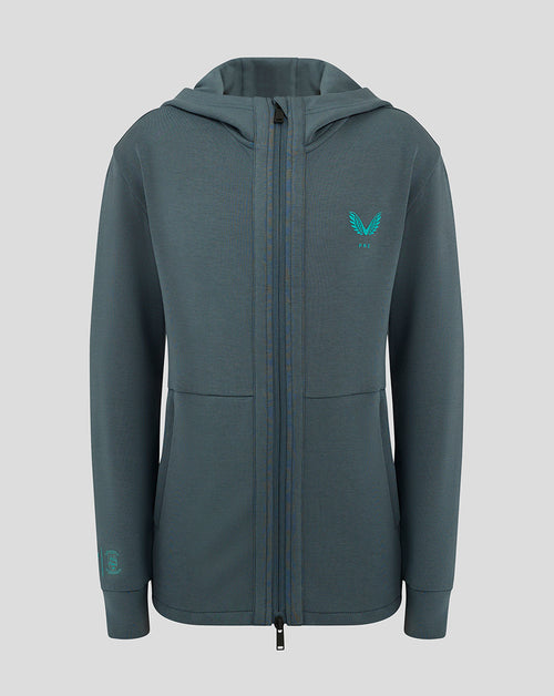 Front view of Preston Junior 24/25 Hooded Travel Jacket in teal with left chest logo and full zip.