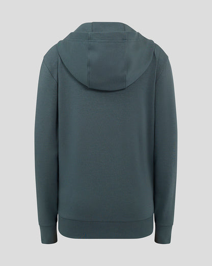 Back view of the dark teal Preston Junior hooded travel jacket showing the hood and ribbed hem