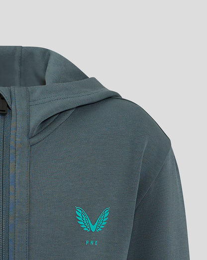 Left chest teal Castore wings logo with PNE lettering on the dark teal Preston Junior hooded jacket