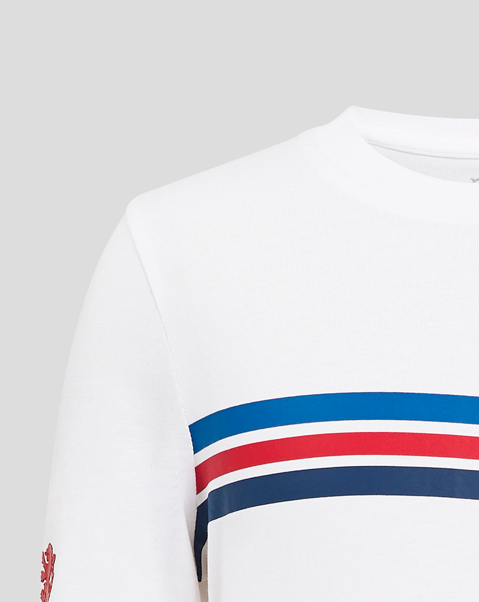 White Rangers Junior Classic Cotton Tee with bold red and blue stripe graphic and crest emblem visible on the front.