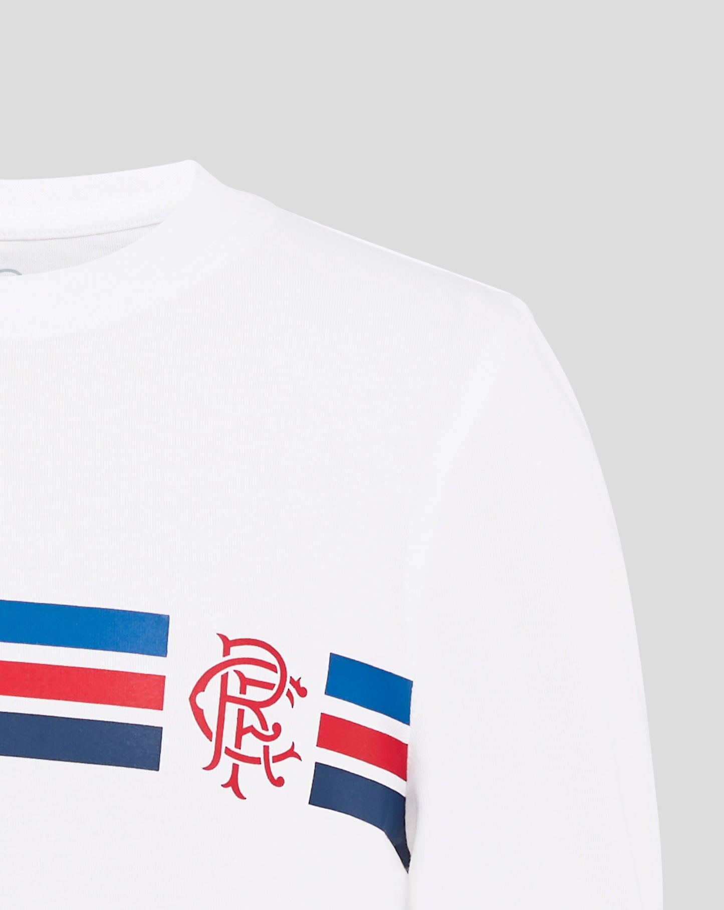 Close up of the white tee showing the neckline and a partial red white and blue stripe graphic across the chest.