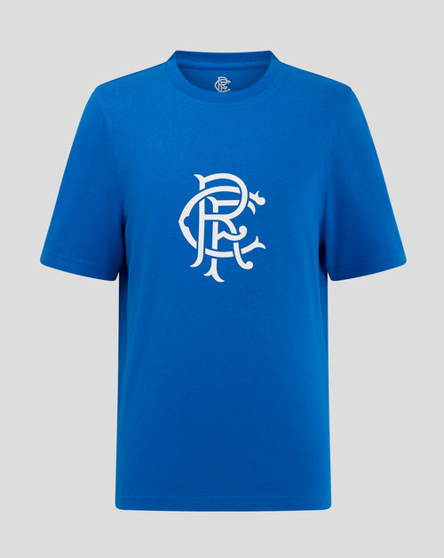Front view of blue Rangers Junior Crest T-Shirt with a large white crest graphic on the chest.