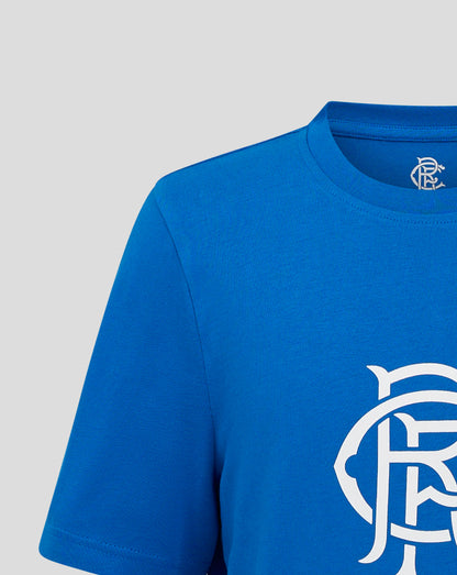 Close-up of a blue Rangers Junior Crest T-Shirt neck area with a small logo on the inside and part of the crest visible on the chest.