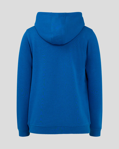 Back view of blue Rangers Junior Core Hoodie with the hood down and ribbed hem.