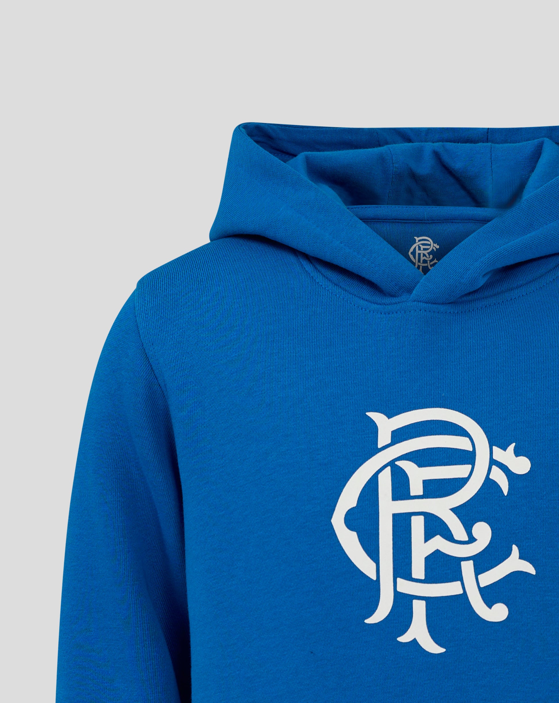 Blue Rangers Junior Core Hoodie with hood folded at the neckline and a small logo inside.