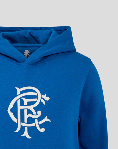 Blue Rangers Junior Core Hoodie with a large white logo on the chest and the hood visible.