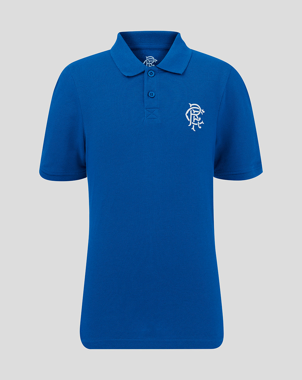 Blue Rangers Junior Core Polo with collar short sleeves and white crest on left chest