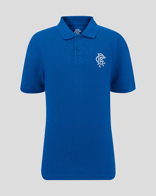 Blue Rangers Junior Core Polo with collar short sleeves and white crest on left chest