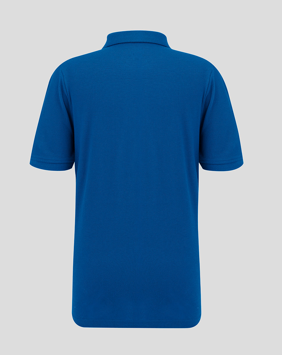 Back view of blue Rangers Junior Core Polo with short sleeves and neat collar.