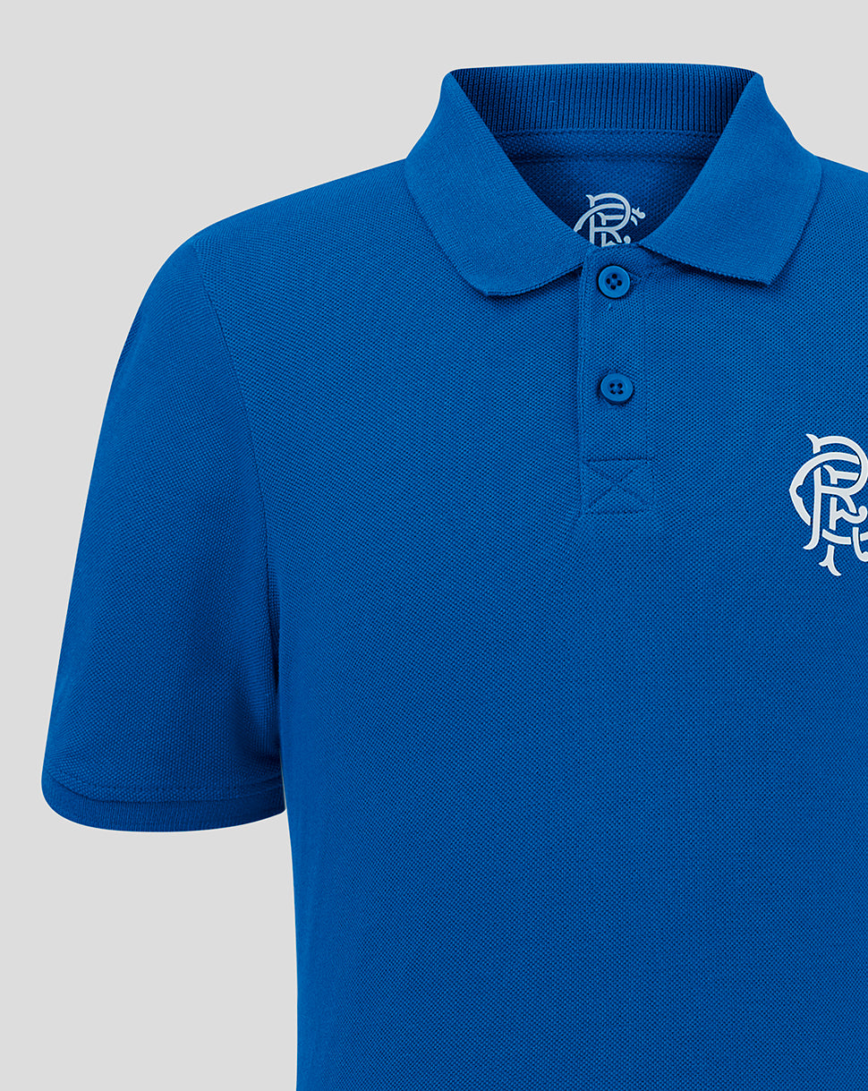 Blue Rangers Junior Core Polo close up of collar and embroidered crest on left chest