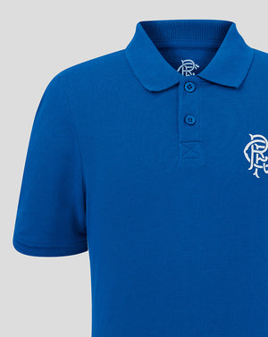 Blue Rangers Junior Core Polo close up of collar and embroidered crest on left chest