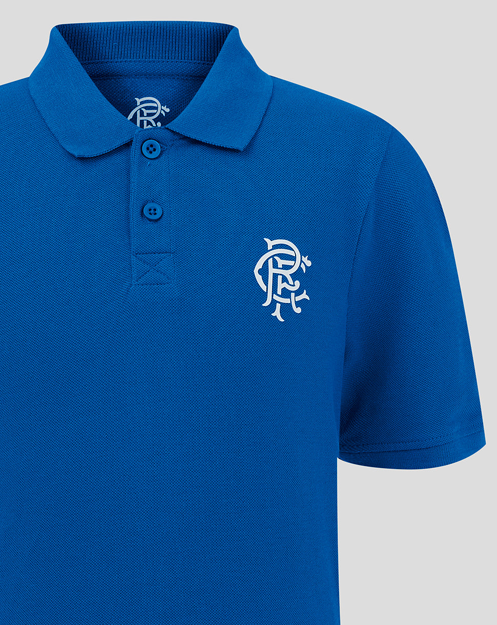Close up of blue Rangers Junior Core Polo showing collar, two buttons and white crest on the left chest.