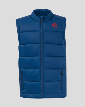 Navy Rangers Junior Core Fan Gilet with full front zipper and red Rangers crest on the chest.