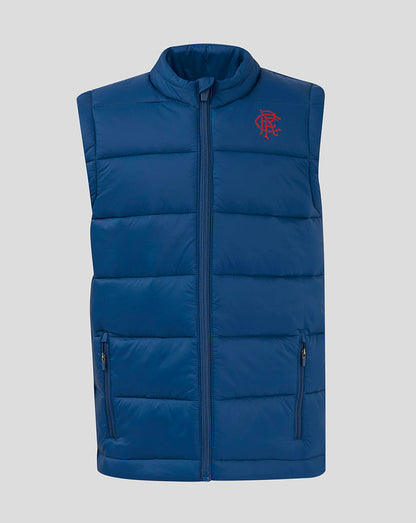 Navy Rangers Junior Core Fan Gilet with full front zipper and red Rangers crest on the chest.